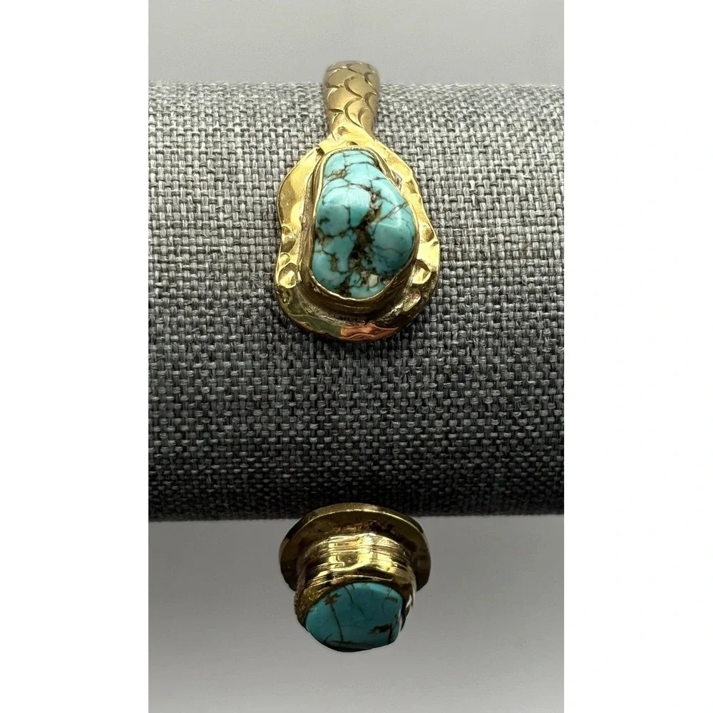 Cleobella Blue Turquoise Stone Mermaid Scale Pattern Cuff Bracelet 7.25